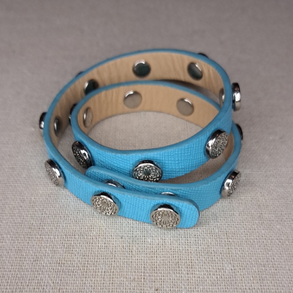 Blue Genuine Leather Double Wrap Bracelet with Silver Accents